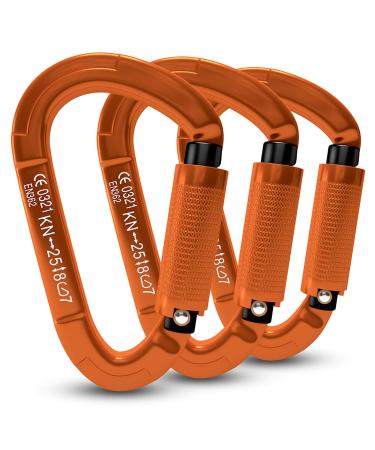 FVW Auto Locking Rock Climbing Carabiner Clips,Professional 25KN (5620 lbs) Heavy Duty Caribeaners for Rappelling Swing Rescue & Gym etc,Large Carabiners,D-Shaped 3pcs-orange