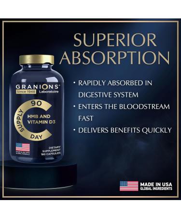 Granions Vitamin D3 HMB Supplements for Men and Women - 1 000 MG Calcium beta-Hydroxy beta-methylbutyrate per Serving - Pre Workout and Recovery Support - Made and Tested in The USA - 90 Servings 180 Capsules - 3 Month Supply - Buy Online on GoSupps.com