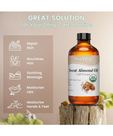 PHATOIL Organic Sweet Almond Oil for Skin 118 ml (4 fl.oz) USDA Certified Organic Cold Pressed Almond Oil in Glass Bottle for Hair Face Body Moisturizer Carrier Oil for DIY Massage Sweet Almond Oil 4 Fl Oz (Pack of 1) - Buy Online on GoSupps.com