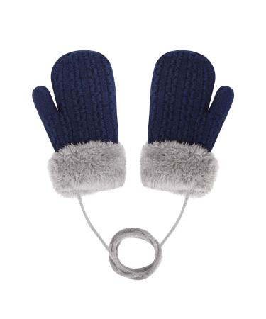 Toddler Kids Winter Warm Thick Plush Short Knitted Gloves With String for 1-3Yrs Blue