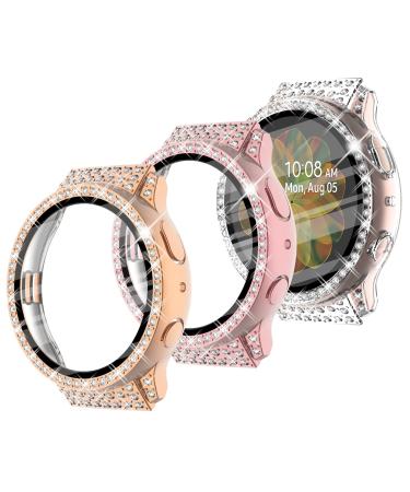 Surace Compatible with Galaxy Watch Active 2 Screen Protector Case 3 Pack Bling Crystal Diamond Tempered Glass Protective Cover Compatible for Samsung Galaxy Watch Active 2 40mm Rose Gold/Pink/Clear Rose Gold/Pink/Clear with Screen Protector Galaxy Watch 