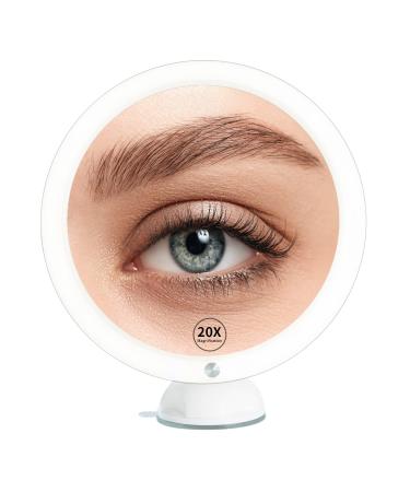 Beinocci 20x Magnifying Mirror with Light - 8'' Lighted Makeup Strong Magnification Portable Travel Suction Cup Easy Mounting LED Magnified for Bathroom  White (XH-011)
