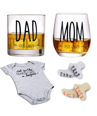 Pregnancy Gifts for First Time Moms  Mom and Dad Est 2023 11 oz Whiskey Glass Gift Set with Romper (0-3 Months) and Baby Socks - Top New Parents Gifts for Mom and Dad to Be - Baby Shower