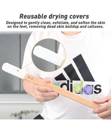 Long Wooden Handle Foot Towel Brush with 4 Reusable Covers - Exfoliating Foot Scrubber for Men and Women - 18 inches - Buy Online on GoSupps.com