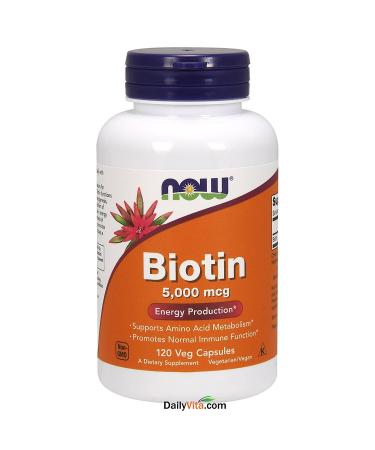 NOW Foods by Now Biotin Energy Production 5000 mcg- 120 Vcaps 120 Count (Pack of 1)