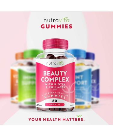 Nutravita Beauty Complex Gummies - Biotin & Collagen for Hair Skin & Nails - 60 Raspberry Flavour Gummies - Zinc, Selenium, Copper & More - Made in EU - Buy Online on GoSupps.com