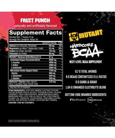 Mutant Hardcore BCAA - Pre Intra or Post Workout BCAA Next Level branched-Chain Amino Acids Supplement Hydration + Recovery - 30 Serving - Fruit Punch Fruit Punch 13.8 Ounce (Pack of 1) - Buy Online on GoSupps.com
