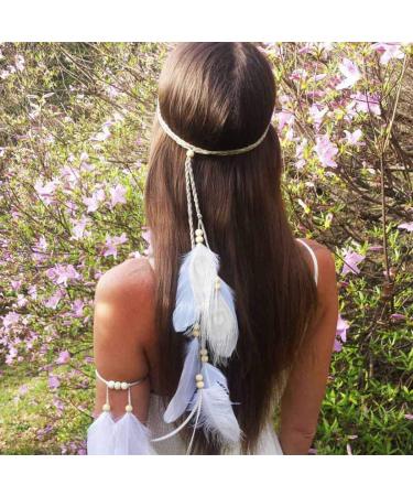 Uranian Boho Feather Headband Indian Gypsy Hippie Hairband Braided Rope Headdress Adjustable Headpieces for Festival Costume Hair Accessories for Women and Girls (3*White)