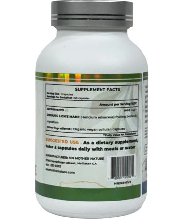 Mother Nature Lion's Mane (Hericium erinaceus) Mushroom Supplement - 1000mg -120 Vegan Pullulan Capsules - 60 Day Supply - Made in USA - Buy Online on GoSupps.com