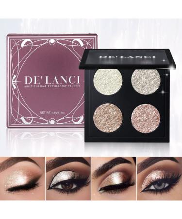 Glitter Shimmer Metallic Eyeshadow Palette 4 Color Diamond Pearl Shiny Bling Korean Makeup for Eye/Face/Highlighter High Pigmented Smooth White Shimmery Powder Glow Illuminator