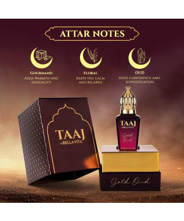 LUXURY TAAJ Gold Oud Attar with Caramel Rose Jasmine & Orris for Men and Women Non-Alcoholic Roll On Long Lasting Fragrance 12 ML - Buy Online on GoSupps.com