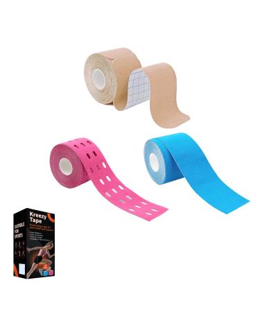 Kreezy Waterproof Athletic Tapes 3 Rolls with 3 Types Sport Kinesiology Tape for Muscle Pain Relief and Joint Support Made with Hypoallergenic Materials