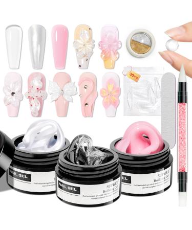SUPWEE 3D Nail Art Gel Clear Pearl Pink Non Adhesive Nail Art with Chrome Powder and Silicone Brush Sculpting Nail Art for Patterns Embossing Hard Mnicure 14g