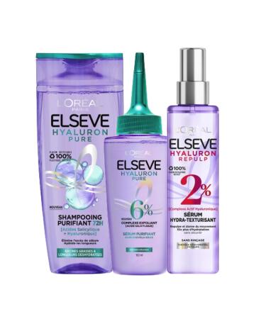 L'Oréal Paris - Elsève Hyaluron Pure Routine: 1x 72H Purifying Shampoo + 1x Purifying Serum for Oily Scalp + 1x Hydra-Texturizing Serum - Salicylic & Hyaluronic Acid Complex