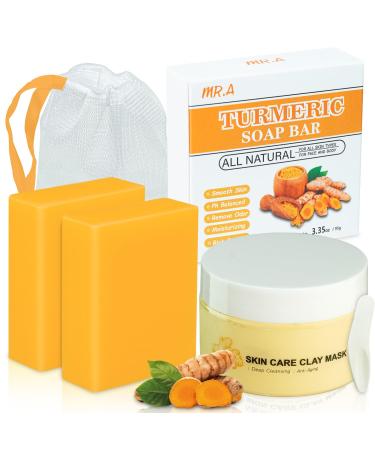 Handmade Turmeric Soap Bar Turmeric Face Clay Mask skincare Set 1 Pack Vitamin C Facial Mask Overnight Face Mask for Pores 2 Pack Honey Vitamin E Tumeric Soap for Face Body