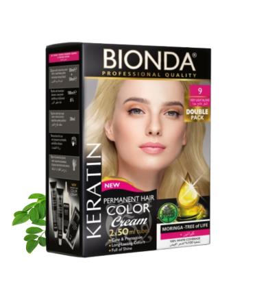 Bendida Bionda Set of 2 Professional Permanent Hair Colors 200 ml Keratin and Moringa Conditioning Long-Lasting and Shiny Color 100% Gray Coverage (9 Very Blonde)