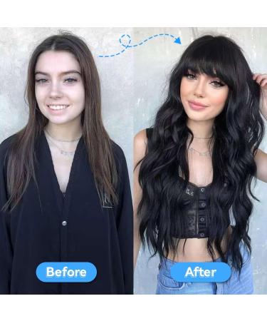 EMMOR Black Wavy Long Curly Wig with Bangs - Heat Resistant Synthetic Fiber, Natural Look - Buy Online on GoSupps.com