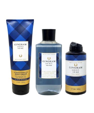 Bath and Body Work Men's Collection GINGHAM HERO Trio Gift Set - Body Cream - 3-in-1 Hair Face & Body Wash and Body Spray - Full Size Blue