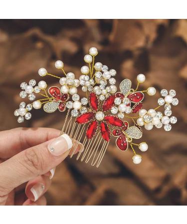 IYOU Women Bridal Hair Combs Red Flower Wedding Sides Comb Sparkly Crystal Headpiece Prom Party Hair Accessories for Bride and Bridesmaid