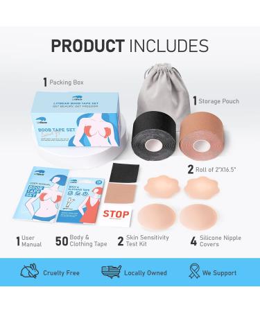 2 Pack Boob Tape with Silicone Breast Petals - Reusable Adhesive Bra for Large Breasts A-G Cup - Black & Nude - Buy Online on GoSupps.com