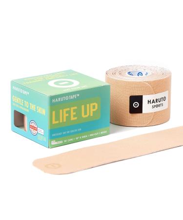 Haruto Life UP Extra Sensitive Kinesiology Tape for Daily Use, Dermatologically Tested Latex Free for Ultra Sensitive Skin, Injury, Pregnant Women, Office Worker, Children (Pre-Cut, Beige) Beige Precut Type