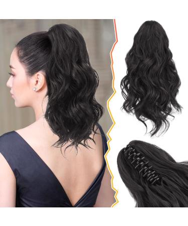 BARSDAR Claw Clip Ponytail Extension 14 In Short Curly Wavy Ponytail Hair Extensions Synthetic Black Hair Clip In Pony Tails Hairpieces Natural Soft Daily Party Halloween (Natural Black) 14 Inch (Pack of 1) Natural Black