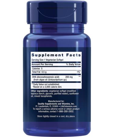 Life Extension Vegetarian DHA Supplements - Algae Based Omega-3 for Eye, Brain & Heart Health - 30 Softgels - Buy Online on GoSupps.com