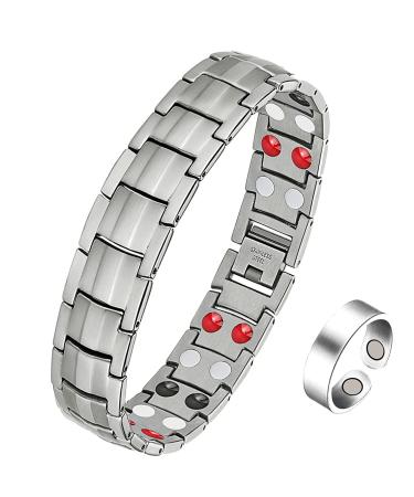 Jeracol Men Magnetic Bracelet & Copper Magnetic Ring Double Row Ultra Strength Titanium Steel Brazaletes & Glossy Ring Men(3500 Gauss Magnets) Adjustable Size w/Gift Box Silver-silver