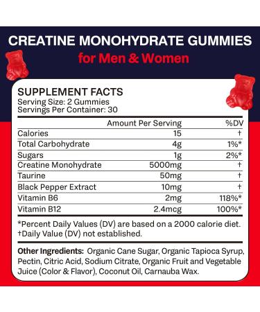 Buy Creatine Monohydrate Gummies - 5g Chewable Supplement for Strength Growth & Energy | Taurine & B6 | Low Sugar Organic | 2 Pack 60 Count - Buy Online on GoSupps.com