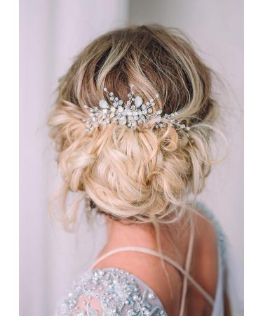 Kercisbeauty Blue Opal Hair Comb for Brides Wedding Bridal Headpiece Side Headband Women Girls Hair Piece Girls Prom Party Crystal Jewelry (Silver)