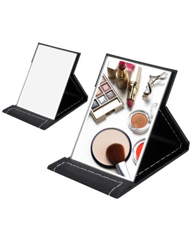 SITAKE 2 Pcs Portable Folding Makeup Mirror with Adjustable Stand  PU Leather Desktop Vanity Mirror for Personal Office Travelling(Mini & L  Black)