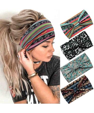 Aceorna Boho Headbands Wide Bandeau Hair Band Knot Turban Head Band Stretch Leopard Twist Head Wraps Elastic Yoga Sweatband Stylish Head Bands for Women and Girls 4 Pcs (Set A)