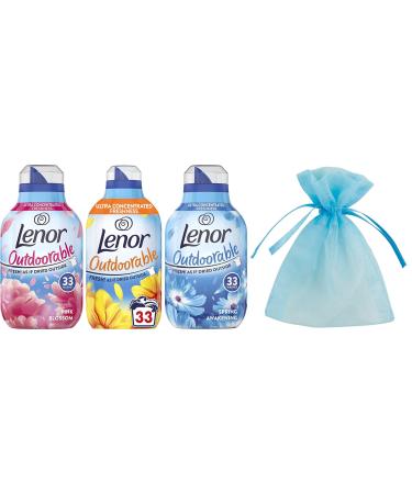 Lenor Outdoorable Fabric Conditioner Ultra Concentrated Freshness 33w 462ml Fabrics Softener Mixed Scent Bundle: Pink Blossom + Summer Breeze + Spring Awakening + Gift for You: Organza Small Bag