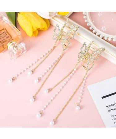 CHANZET Gold Butterfly Hair Claw Clips with Pearl Tassel Chain - Set of 2 | Rhinestone Decoration Hair Accessories for Women and Girls - Buy Online on GoSupps.com