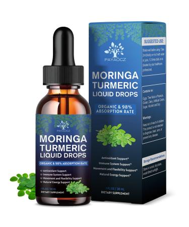 (2 Pack) Organic Moringa Leaf Extract Liquid Drops Supplement 1000mg with Turmeric and Black Pepper for Energy Antioxidant and Skin Green Superfood Supplement for Women Men Vegan 1 Fl Oz