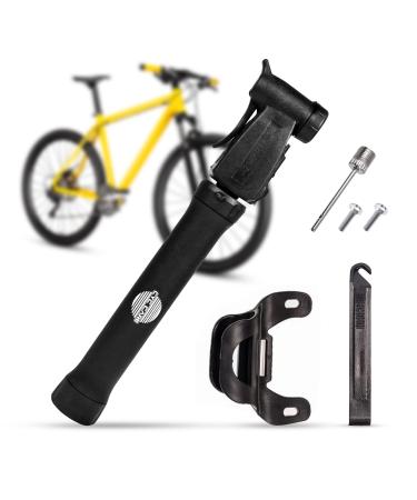 Mini Bike Tire Pump Set  Dual Action Push-Pull Pumping, 80 PSI, Fits Presta & Schrader Valves, Compact & Super Lightweight 3 oz. Includes Sports Ball Needle, Tire Lever, Bracket Mount to Bike