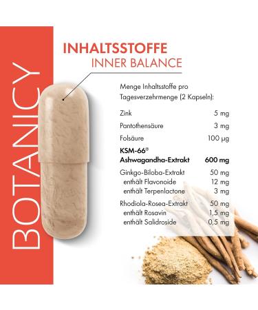 Botanicy Inner Balance - Stress Relief with Ashwagandha KSM-66 Ginkgo Biloba Folic Acid & Zinc | 60 Capsules for Mental Balance - Monthly Pack - Buy Online on GoSupps.com