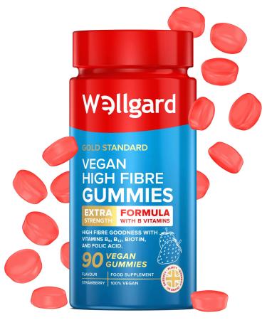 Vegan High Fibre Gummies Wellgard High Strength Fibre Gummy Vitamins B B Biotin and Folic Acid Strawberry Flavour UK Formulated