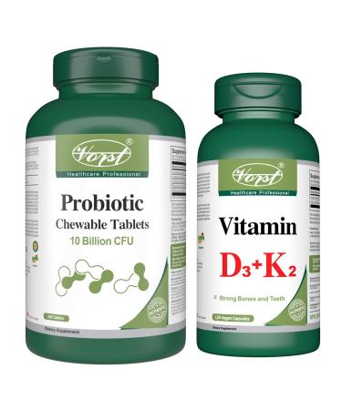 VORST Probiotics 10 Billion 200 Chewable Tablets and Vitamin D3 K2 120 Capsules