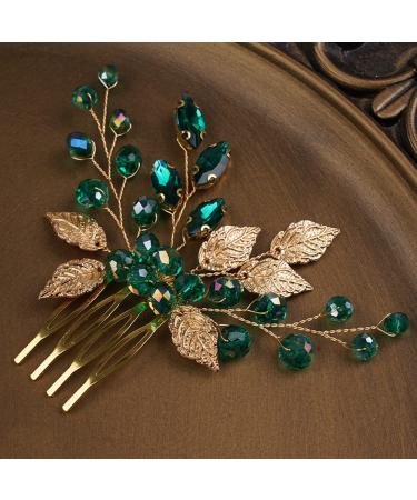 BERYUAN Women Gold Leaf Headpiece Emerald Green Crystal Hair Vine Comb Wedding Hair Accessory Rhinestone Hair Piece Gift for Her Party Headress for Bride Bridesmaid Girls(Gold)