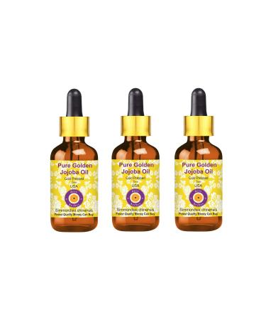 DEve Herbes Pure Golden Jojoba Oil (Simmondsia Chinensis) with glass dripper natural therapeutic quality cold -pressed (pack of three) 100ml x 3 (10 oz) 100 ml (3 -pack)
