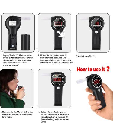 LAMJAD Breathalyser Alcohol Tester D600 with 10 Mouthpieces, Alarm Light, and LED Display - Portable for Personal & Professional Use - Buy Online on GoSupps.com