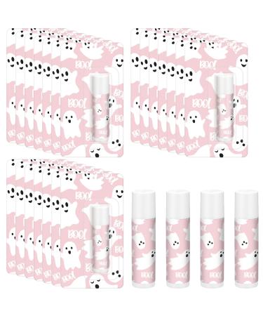 Heigble 24 Pcs Halloween Party Decoration Pink Ghost Lip Balms Bulk Baby Shower Party Favors for Guest Gift Set Travel Size Lip Balm Halloween Birthday Favors Decorations