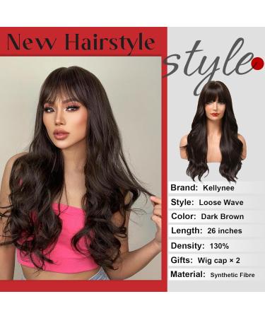 Kellynee Dark Brown Wig with Bangs - Long Loose Waves - Heat Resistant Synthetic Hair for Women - Stylish for Daily Wear and Special Occasions - Buy Online on GoSupps.com