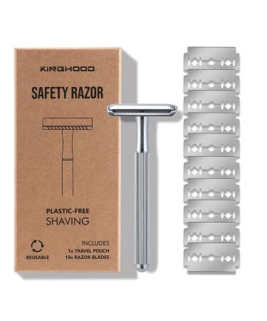 Copper Double Edge Safety Razor with 10 Razor Blades Long Handle & Weighted Razor Single Blade for Sensitive Skin Matte Chrome