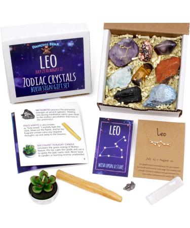 DANCING BEAR Leo Zodiac Healing Crystals Gift Set - 14 Pc with 18K Gold-Plated Constellation Necklace, Meteorite, Succulent Candle, Palo Santo Smudge Stick & Info Guide | Made in USA - Buy Online on GoSupps.com