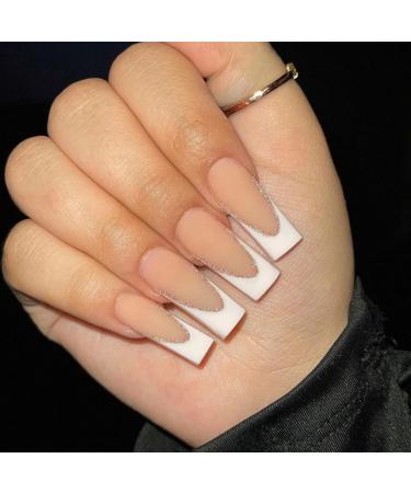 Justotry 24 pieces Matt Coffin N gel Land White French press on nails glitter line ballerina artificial nails beautiful fingernails fake nails medium for women white & ballerina2
