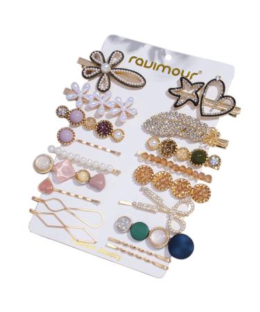 RAUIMOUR 18pcs Hair Clip Set Women Hair Accessories Crystal Beads Hairpins Rhinestone Starfish Feather Acrylic Geometric Heart Barrettes for Girls Trendy Gold Metal Pearl Flower Headwear Styling Tools Type B