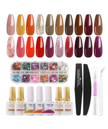 Arte Clavo Gel Nail Colors, 29PCS Gel Nail Polish Set, with 10ML Glossy & Matte Top Coat and Base Coat and Reinforce, Red Brown Orange and Glitter UV Gel Nail Varnish Starter Manicure Kit S2402 Brown Orange Collection