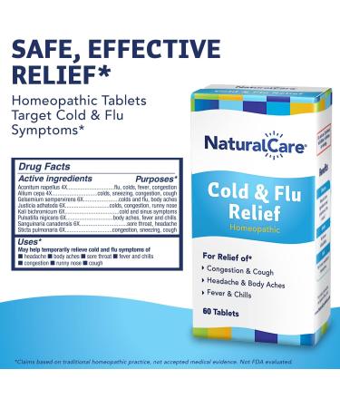 NaturalCare Cold & Flu Relief Tablets - Homeopathic Remedy for Congestion, Cough, Headache, Sore Throat & More - 60 Count - Buy Online on GoSupps.com